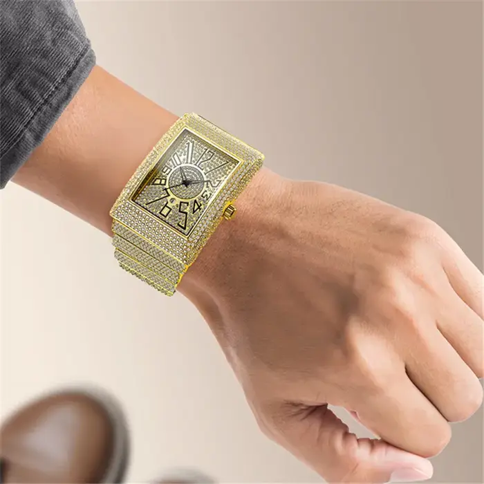 Montre de luxe en diamant doré et argenté pour hommes, montres-bracelets à quartz, Hip Hop Date, horloge masculine, marque supérieure