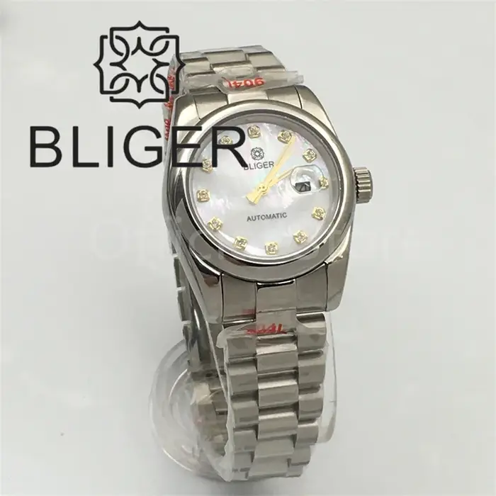 BLIGER 31m montre pour femme verre saphir or Rose marron blanc cadran nacre avec argent or diamant Index étanche Date