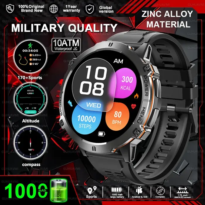 Montre connectée de sport pour hommes, T-Rex3, batterie 1000mAh, écran AMOLED 1.73 pouces, étanche 1
