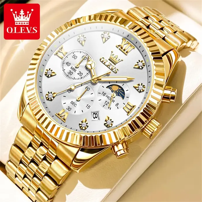 OLEVS 2932 montre pour hommes haut de gamme classique Phase lunaire étanche en acier inoxydable chronographe