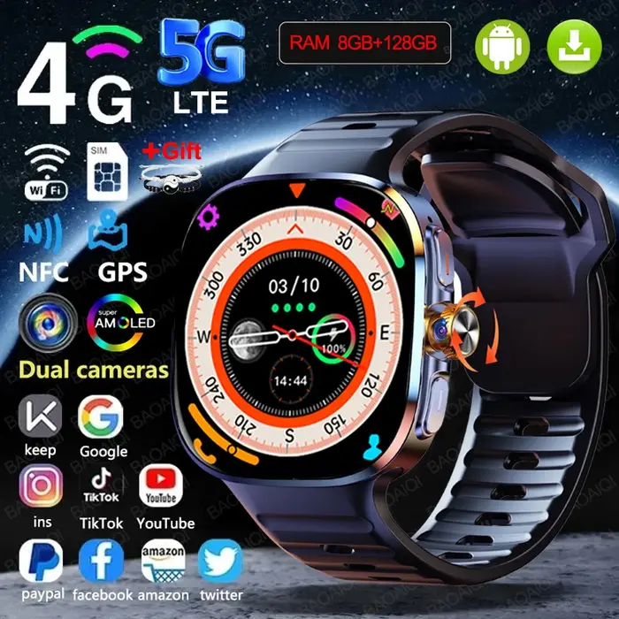 Montre connectée 5G/4G, 2.40 pouces, AMOLED, caméra 900W, 8 go + 128 go de RAM, batterie 2100mah, GP