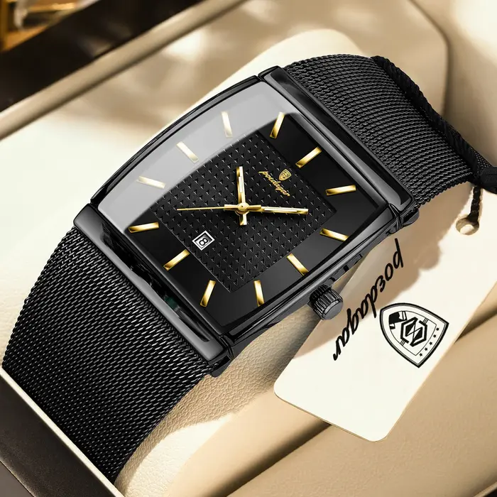 POEDAGAR Top luxe hommes montre en acier inoxydable maille Date étanche lumineux homme montre-bracelet décontracté Recta