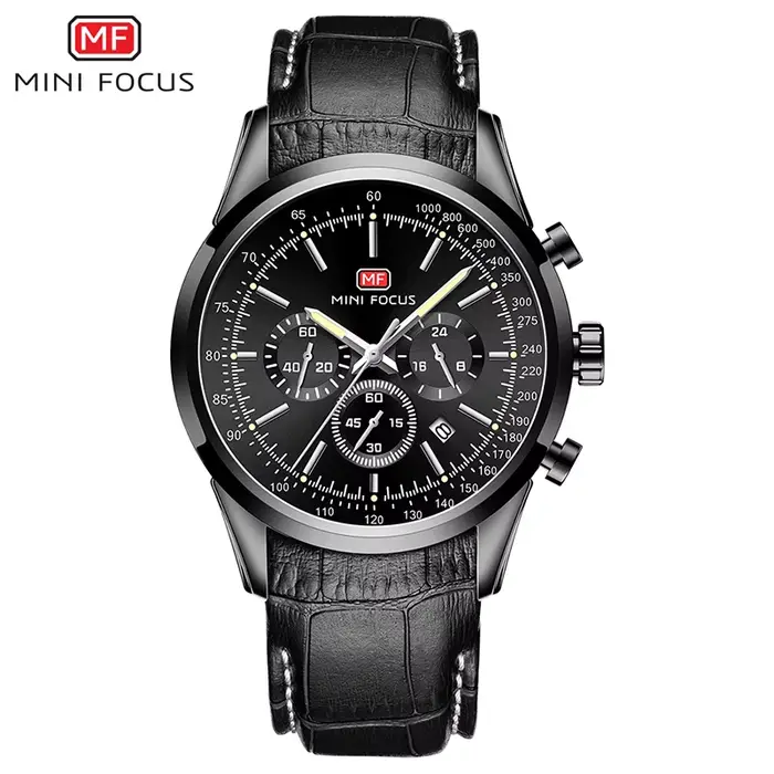 Montres MINI FOCUS pour hommes, bracelet en cuir véritable, chronographe, affichage de la date, mont