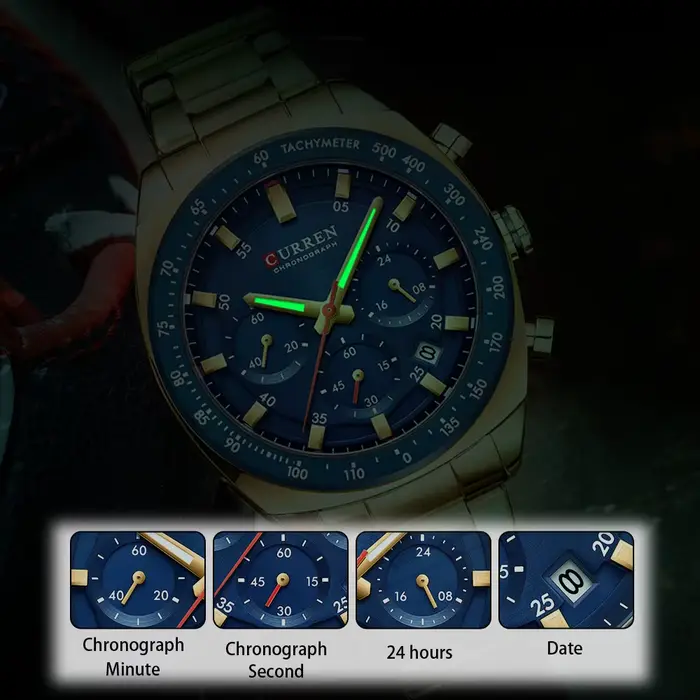 NOUVEAU CURREN 8497 Montre Chronographe Homme Bracelet Acier Inoxydable Aiguilles Lumineuses Date Étanche Quartz Relógio