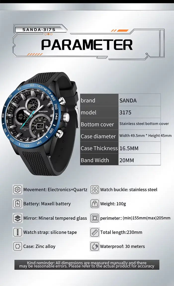 SANDA hommes marée nom montre numérique 30 M étanche montre-bracelet LED Quartz horloge Sport