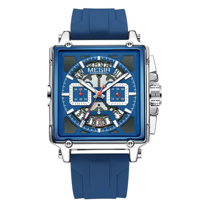 Montre à quartz bleu marine MEGIR pour homme, chronographe, étanche, bracelet en silicone, aiguilles