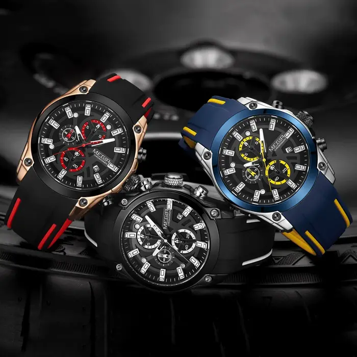 MEGIR montre à Quartz pour hommes Top marque de luxe élastique 3ATM résistant à l'eau chronographe d'affaires montres de sport pour hommes 2144