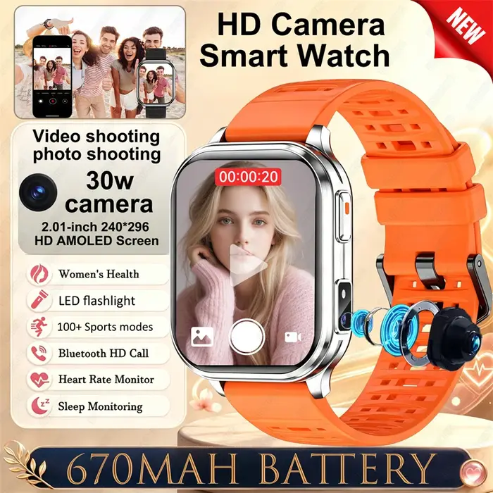 Nouvelle montre connectée avec caméra pour hommes et femmes, enregistrement de photos et vidéos, moniteur de santé, étanche, sport, fitness, appels Bluetooth HD, montre connectée pour homme