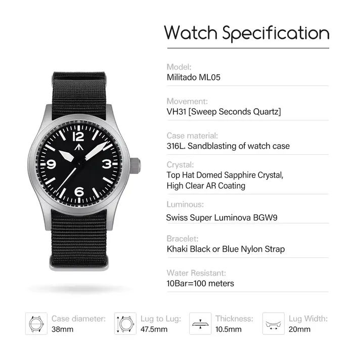 Militado nouveau ML05 balayage secondes mouvement VH31 saphir Super-LumiNova BGW9 haute transparence AR revêtement 38mm montres Vintage