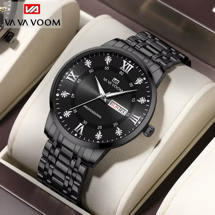 VA VA VOOM Top marque de luxe hommes montre semaine mouvement à Quartz horloge d'affaires noir en acier inoxydable 3Bar