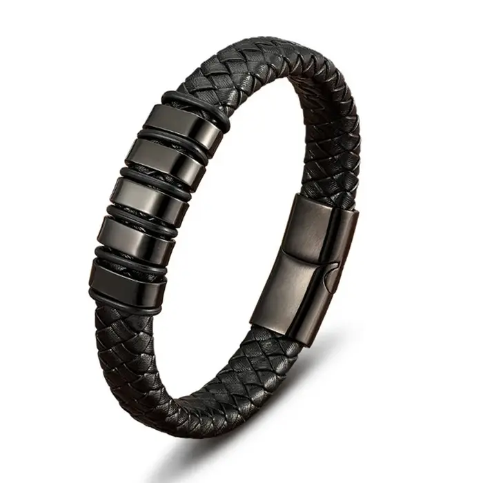 Bracelet pour homme en cuir noir tressé de luxe
