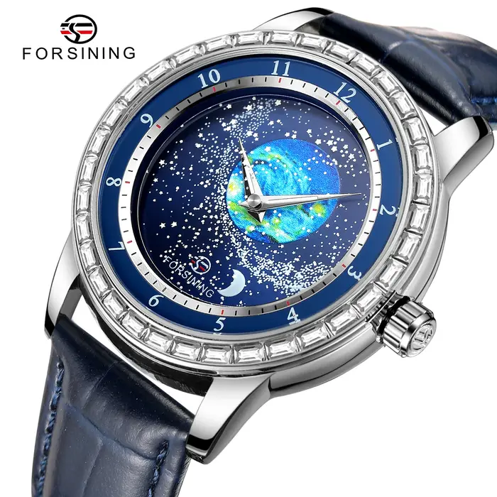 Montre automatique mécanique FORSINING 2026 pour homme, étanche, avec design Terre-Lune et diamants, bracelet authentique, idéale pour les affaires