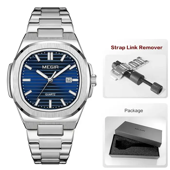MEGIR montre habillée classique pour hommes avec bracelet en acier inoxydable doré cadran vert ovale montre-bracelet à quartz étanche avec aiguille lumineuse