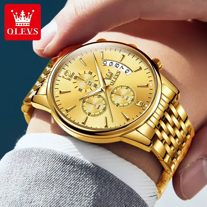 OLEVS marque de luxe montre à Quartz en or pour hommes en acier inoxydable étanche Sport multifonction chronographe
