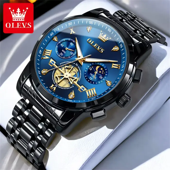 OLEVS – montre-bracelet classique multifonctionnelle pour hommes, Design à volant d'inertie, en acie