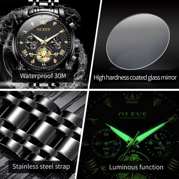 OLEVS montres pour homme phase de lune 30 m étanche mode véritable montre à quartz lumineux en acier inoxydable marque montre-bracelet coffret