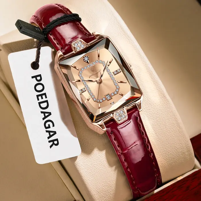 POEDAGAR Rectangle luxe femmes montres étanche Date cuir femme montre élégante mode Quartz
