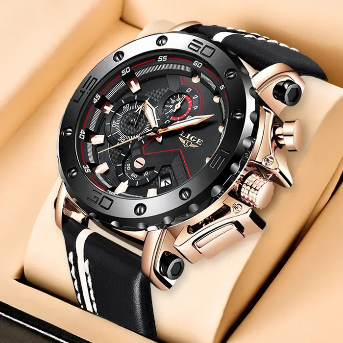 2025 mode Sport hommes montres LIGE Top marque de luxe grand cadran militaire Quartz horloge en cuir étanche