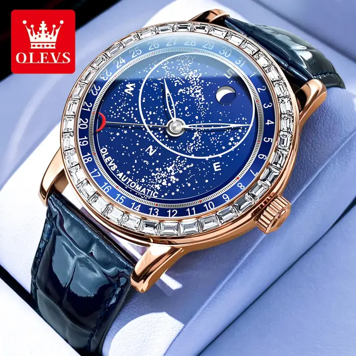 OLEVS 9923 montres mécaniques automatiques de Phase de lune pour homme bracelet en cuir de mode étanche ciel étoilé bleu