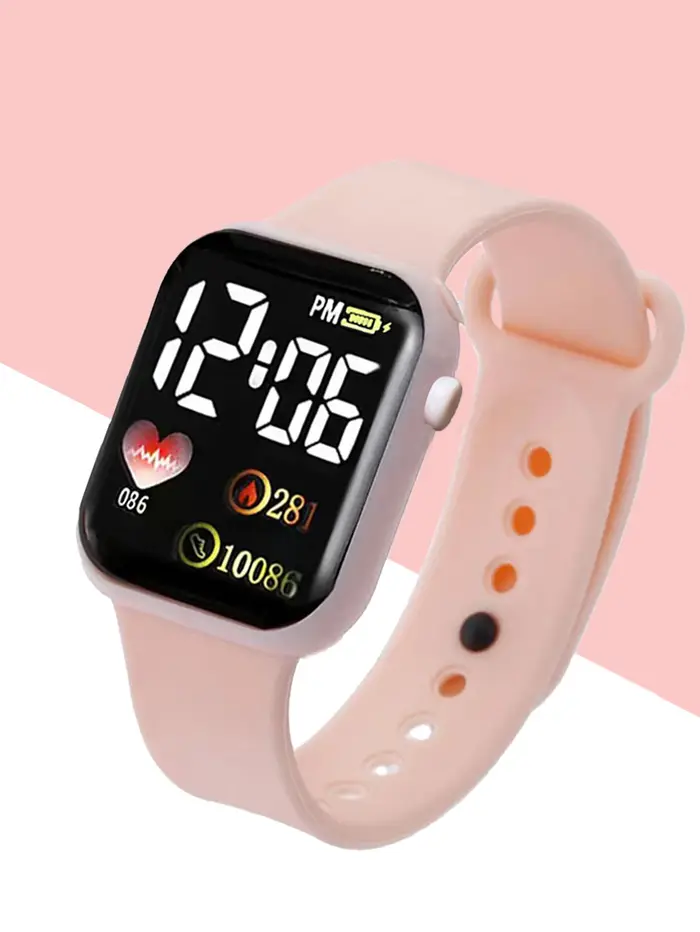 Montre électronique rectangulaire en silicone rose pour femmes