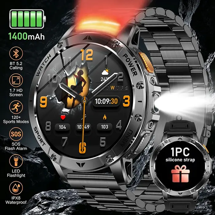 Montre connectée avec écran IPS de 1,7 pouces, batterie de 1400 mAh, étanche IPX8, plus de 120 modes sportifs, SOS, appel LED BT, moniteur de fréquence cardiaque, pour hommes et femmes
