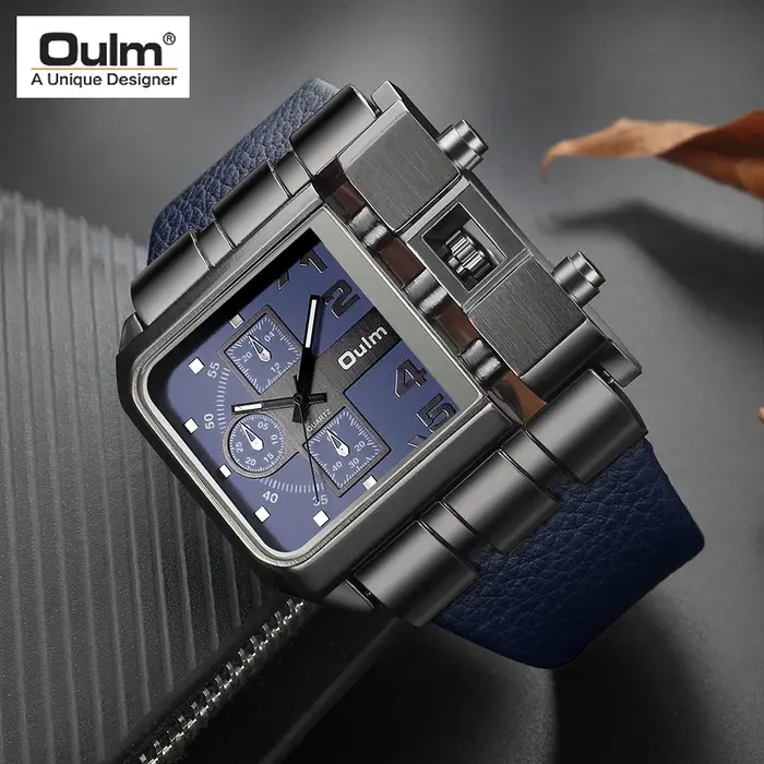 Oulm – montre à grand cadran carré en cuir PU pour homme
