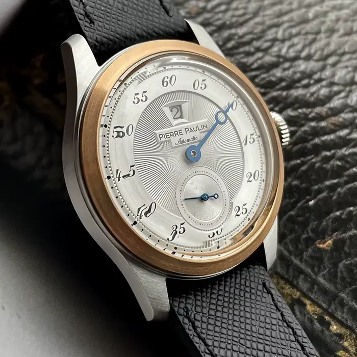 Pierre Paulin montre d'heure sautante pour hommes anneau en Bronze Vintage cadran saumon montres automatiques Reloj Hombre