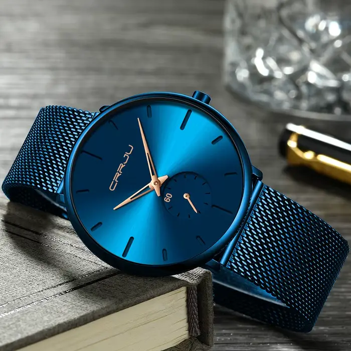 CRRJU mode bleu hommes montre haut de gamme marque minimaliste Ultra-mince