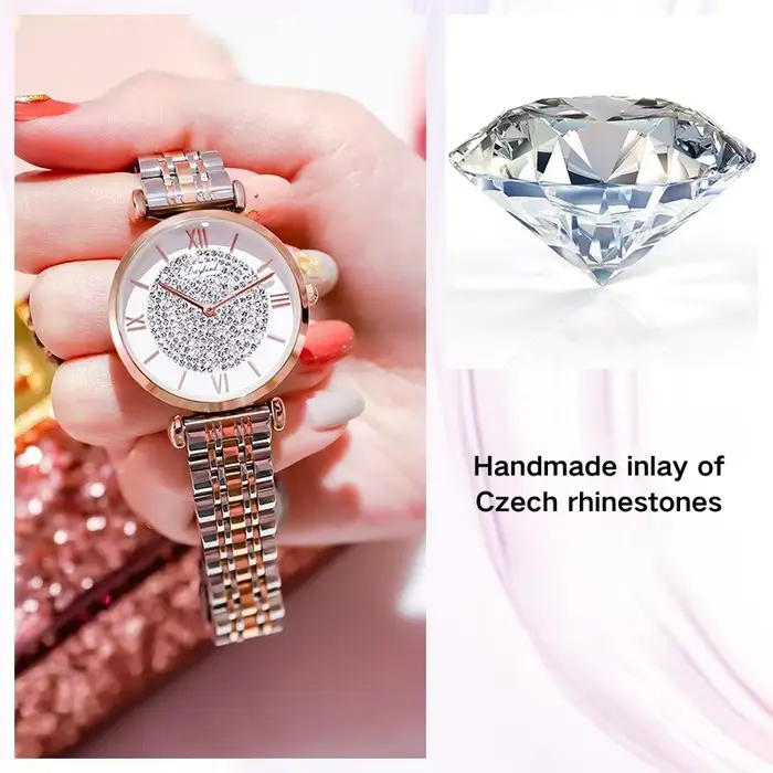 Montre à quartz pour femme série ciel étoilé avec mouvement Miyota VJ20 32 mm de diamètre et de 7 mm d'épaisseur incrustée de diamant tchèque 3 ATM