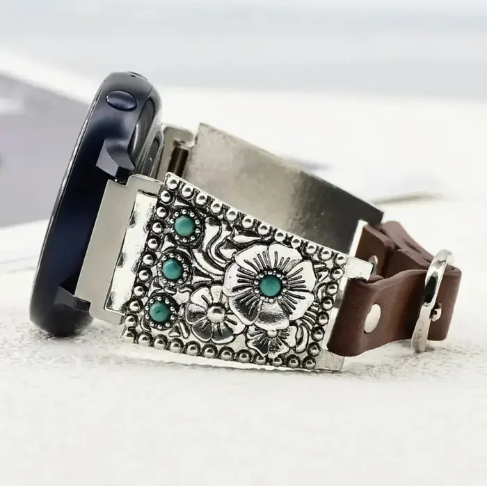 Bracelet en cuir et métal turquoise de qualité supérieure pour Apple Watch