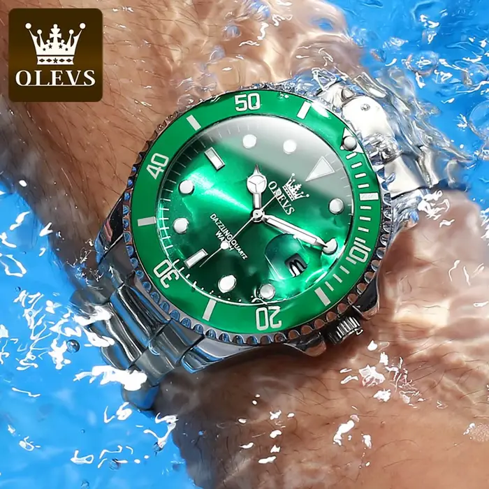 OLEVS-Montre à quartz étanche verte pour homme, acier inoxydable, montre-bracelet Shoous, luxe, haut