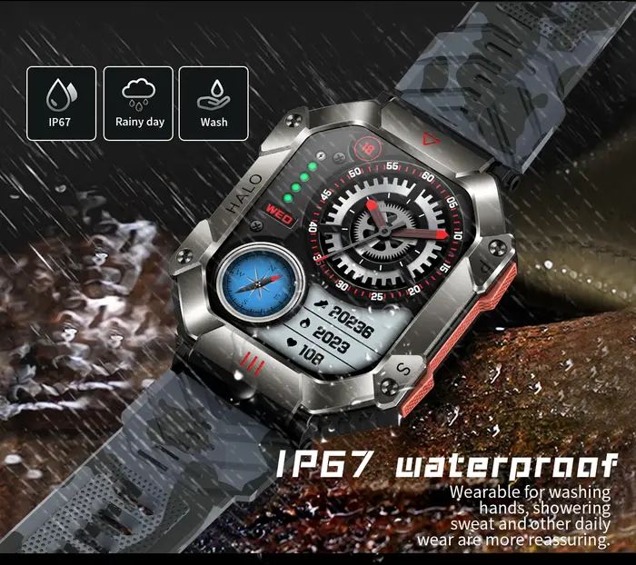 Montre intelligente extérieure cadre métallique militaire appels Bluetooth 2.0 "HD longue durée étanche 100 sport boussole de fréquence cardiaque KR80 HRBO