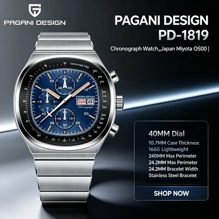 Montre chronographe carrée PAGANI DESIGN PD1819 pour homme, mouvement japonais Miyota OS000, verre saphir, étanche, montre sport.