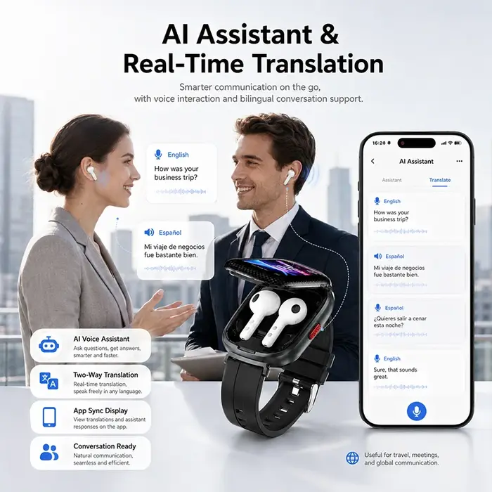 Montre connectée 2026 avec écouteurs sans fil 2-en-1, appels Bluetooth, assistant vocal IA, lecture de musique, suivi d'activité physique, compatible Android et iOS