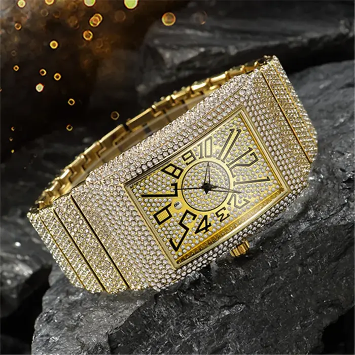 Montre de luxe en diamant doré et argenté pour hommes, montres-bracelets à quartz, Hip Hop Date, horloge masculine, marque supérieure