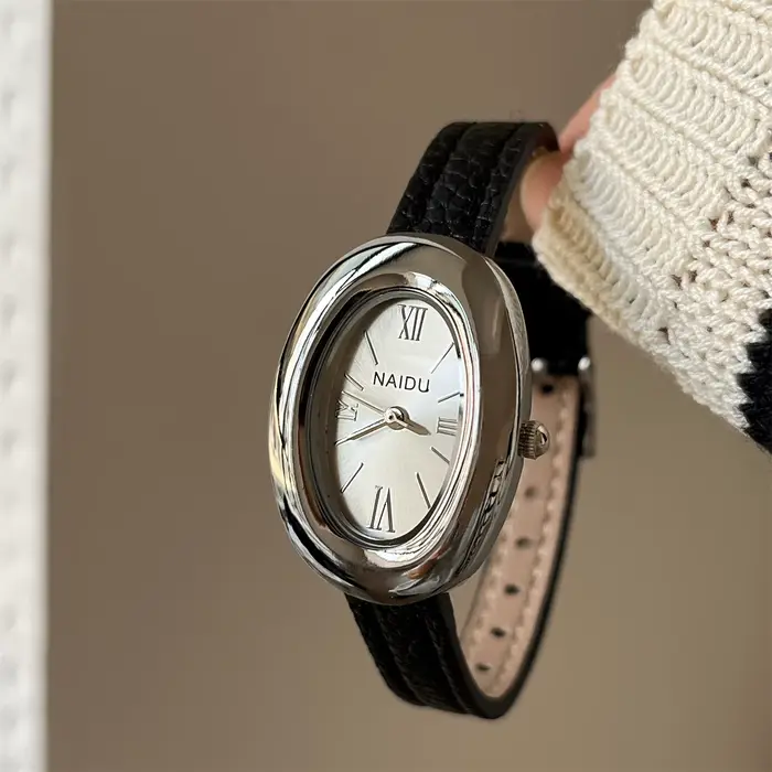 Nouvelle montre pour femme à cadran ovale, bracelet en cuir décontracté, montre à quartz, montre-bra