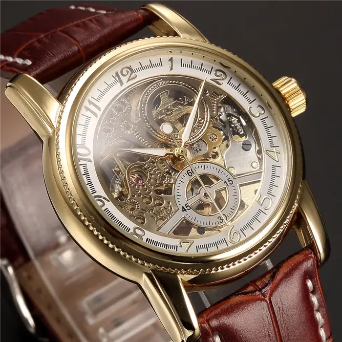 Hommes montres de luxe doré squelette mécanique Steampunk mâle horloge automatique montre-bracelet bracelet en cuir Herren Horloges