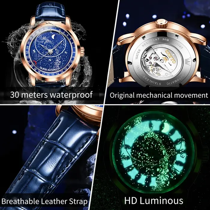 OLEVS 9923 montres pour hommes Phase de lune montre mécanique automatique pour homme en cuir bleu robe de luxe étanche montre-bracelet lumineuse
