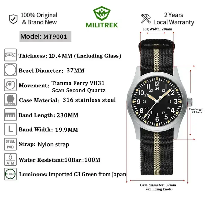 Montre à Quartz VH31 pour hommes militaire robuste champ extérieur 100M étanche avec verre saphir lumineux acier