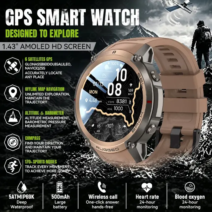 Montre connectée GPS pour homme 2026 avec carte hors ligne