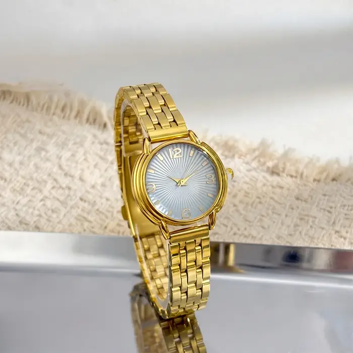 Montre en or pour femme : cadran rond effet soleil, bracelet en acier inoxydable, montre-bracelet de luxe légère