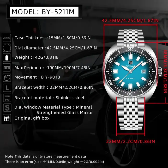 Montre homme BENYAR BY-5211, nouvelle montre de luxe 42 mm, cadran luminescent, étanche 50 m, automatique, mécanique, reloj hombre