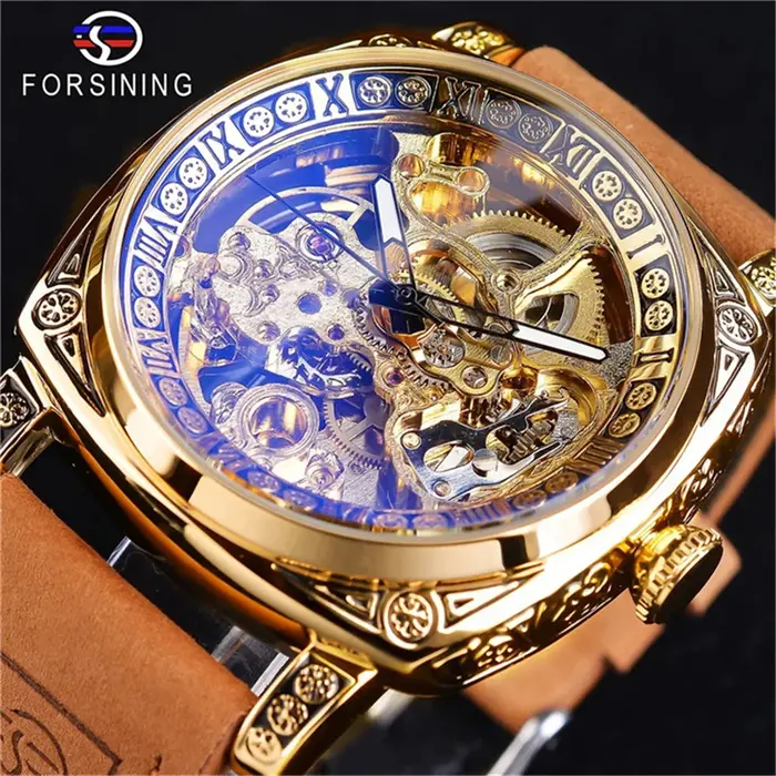 Montre Forsining 403A pour homme, squelette, automatique, mécanique, de luxe, 2023, argent, or, cuir, Relogio masculino