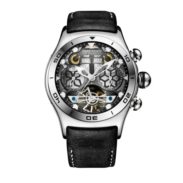 Reef Tiger-Montre existent de dehors Shoous pour Homme, Acier, Tourbillon, Année, Mois, Calendrier, 