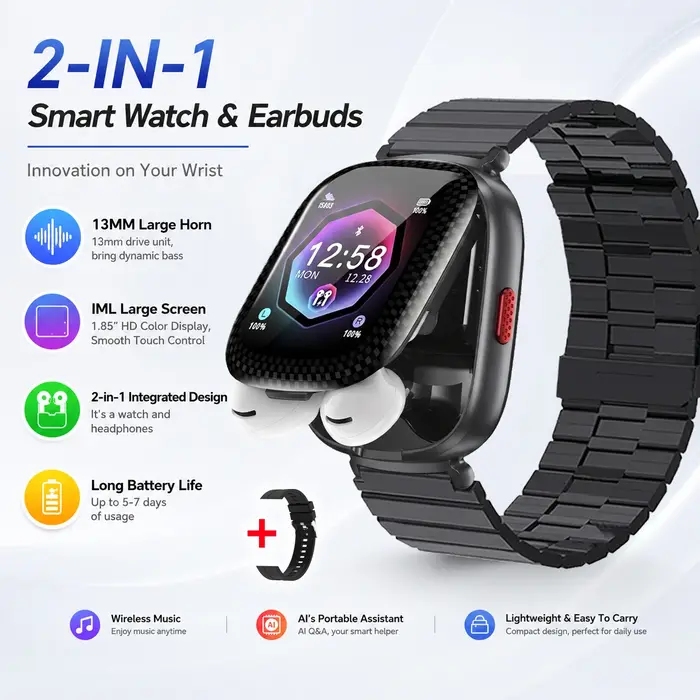 Montre intelligente 2-en-1 avec écouteurs intégrés, appels sans fil, lecture de musique, assistant IA, traduction, suivi de la santé et de la forme physique.
