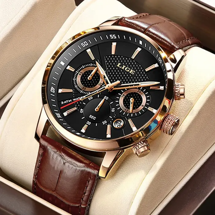LIGE montre de luxe hommes en cuir Sport montres