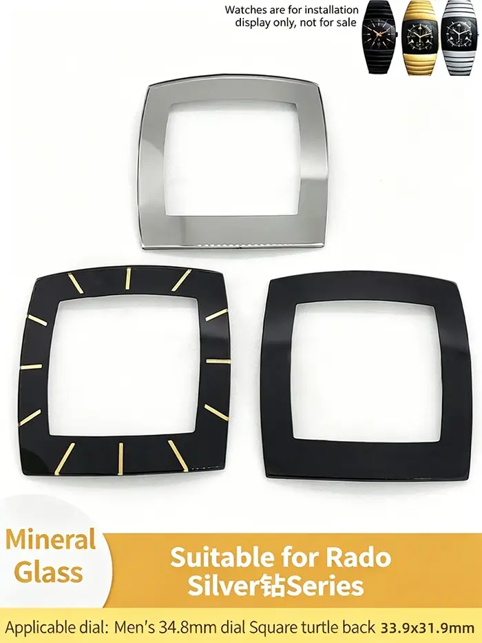 Cristal de montre minéral bombé carré, 33.9x31.9mm, bord argent/noir pour Rado Sintra, pièces de rechange pour montre à cadran de 34.8mm
