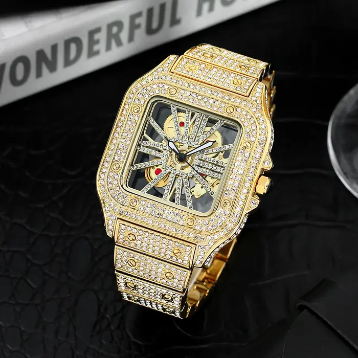 Montres carrées entièrement en diamant pour hommes, montre de luxe à la mode, squelette scintillant, Hip Hop, argent brillant, étanche, offre spéciale