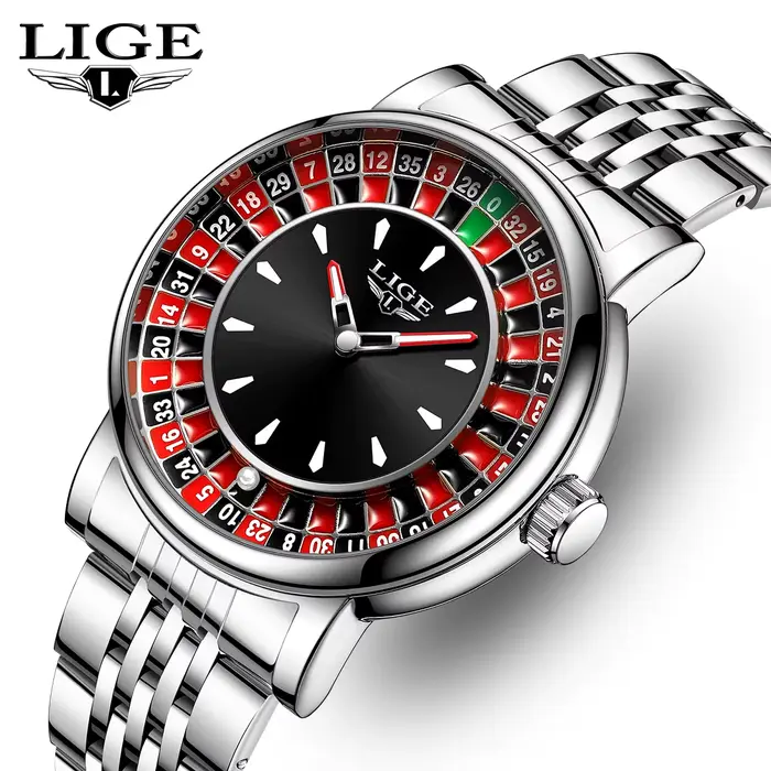 Montre Homme LIGE Tendance en Cuir Marron avec Cadran Rotatif Thème Roulette de Las Vegas