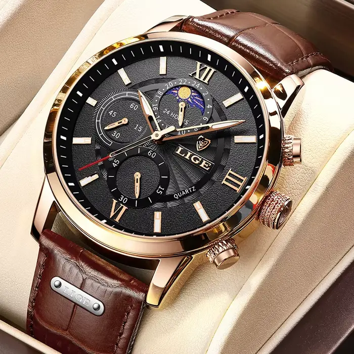 Montre à quartz en cuir marron étanche pour homme